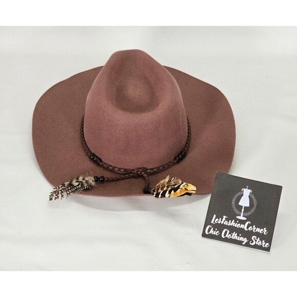 NWOT Brooklyn Hat Co.Deep Dusty Rose Felt Boho Fedora Feathers Leather Sz M 1622 - Picture 8 of 11